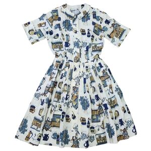 Cos Cob 60's Vintage Beer Stein Novelty Print Shirt Waist Dress. Sz. XS/S